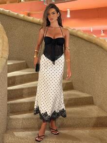 Sindi Myftari Women's Summer Contrast Lace Bow Front Halter Neck Black Top Y2K  Casual - Black - View 1