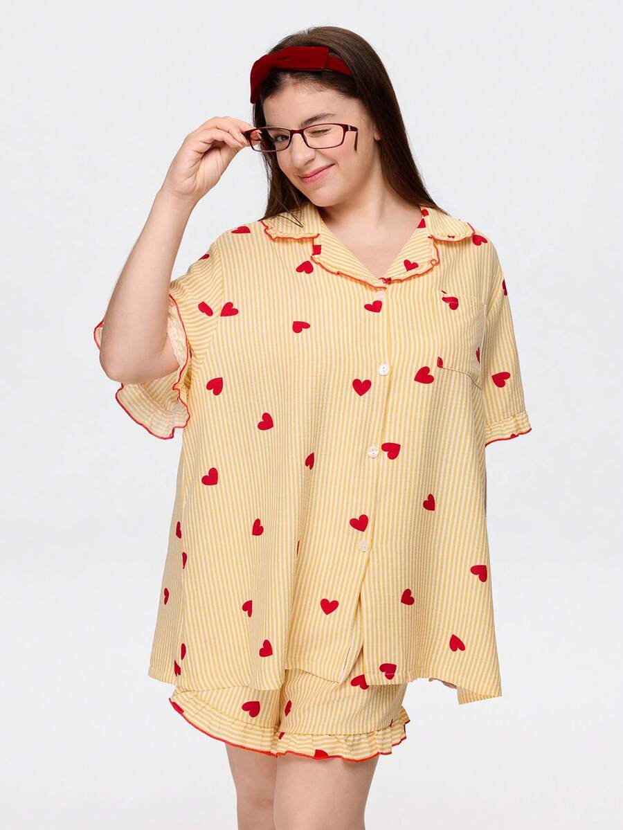 Bonmuse Pink Heart Print Ruffle Collar Button-Up Short Sleeve Shorts Pajama Set Plus Size - Yellow - View 1