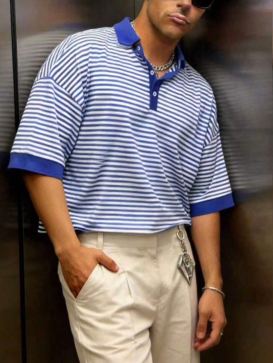 Manfinity Dauomo 休闲时尚男士条纹印花复古短袖T恤,春夏款 - 藍白色 - 查看 1