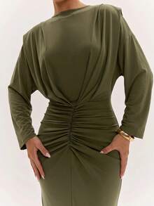 SHEIN BAE Gaun Komuter Elegan Warna Polos dengan Detail Kerut di Pinggang - Hijau Tentara - View 4