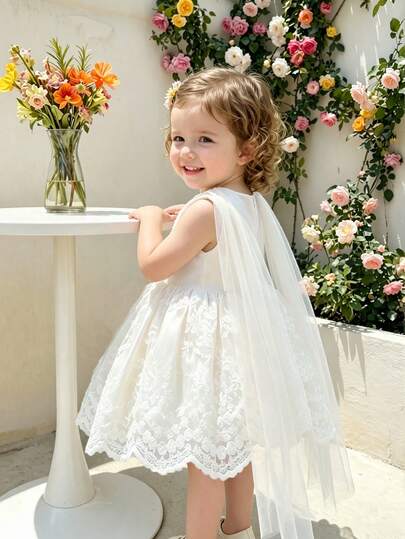 SHEIN Glamorique Kids Baby Girl Elegant White Baptism Dress, Infant 3D Floral Embroidery Lace Princess Gown With Long Mesh Cape For Wedding First Communion Birthday