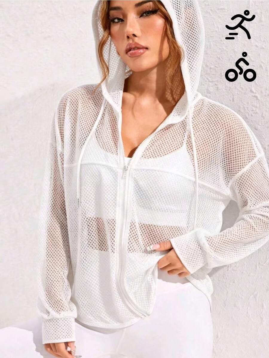 Dewbera Dewbera Women's Solid Color Drop Shoulder Long Sleeve Zip-Up Drawstring Hooded Sports Jacket - White - View 1