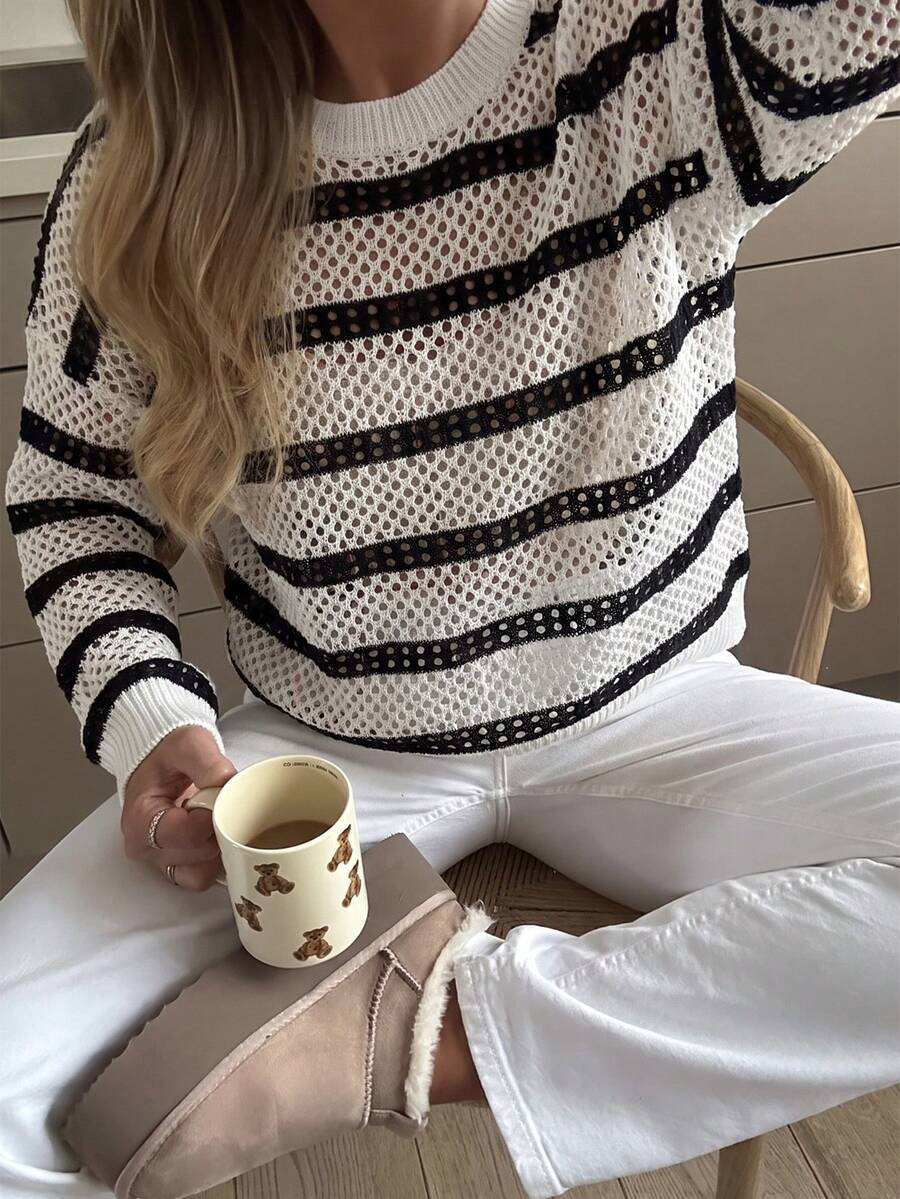 Selianne Spring/Summer Sports Casual Crew Neck Black & White Contrast Striped Preppy Knit Pullover Hollow Out Top Cover-Up Sweater - Black and White - View 1