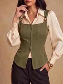 SHEIN Glamour Fashionable Minimalist French Elegant Olive Green White New Front Button Placket Sleeveless Metal Button Decor Shoulder Strap Women's Thin Blazer Vest - Army Green - View 2
