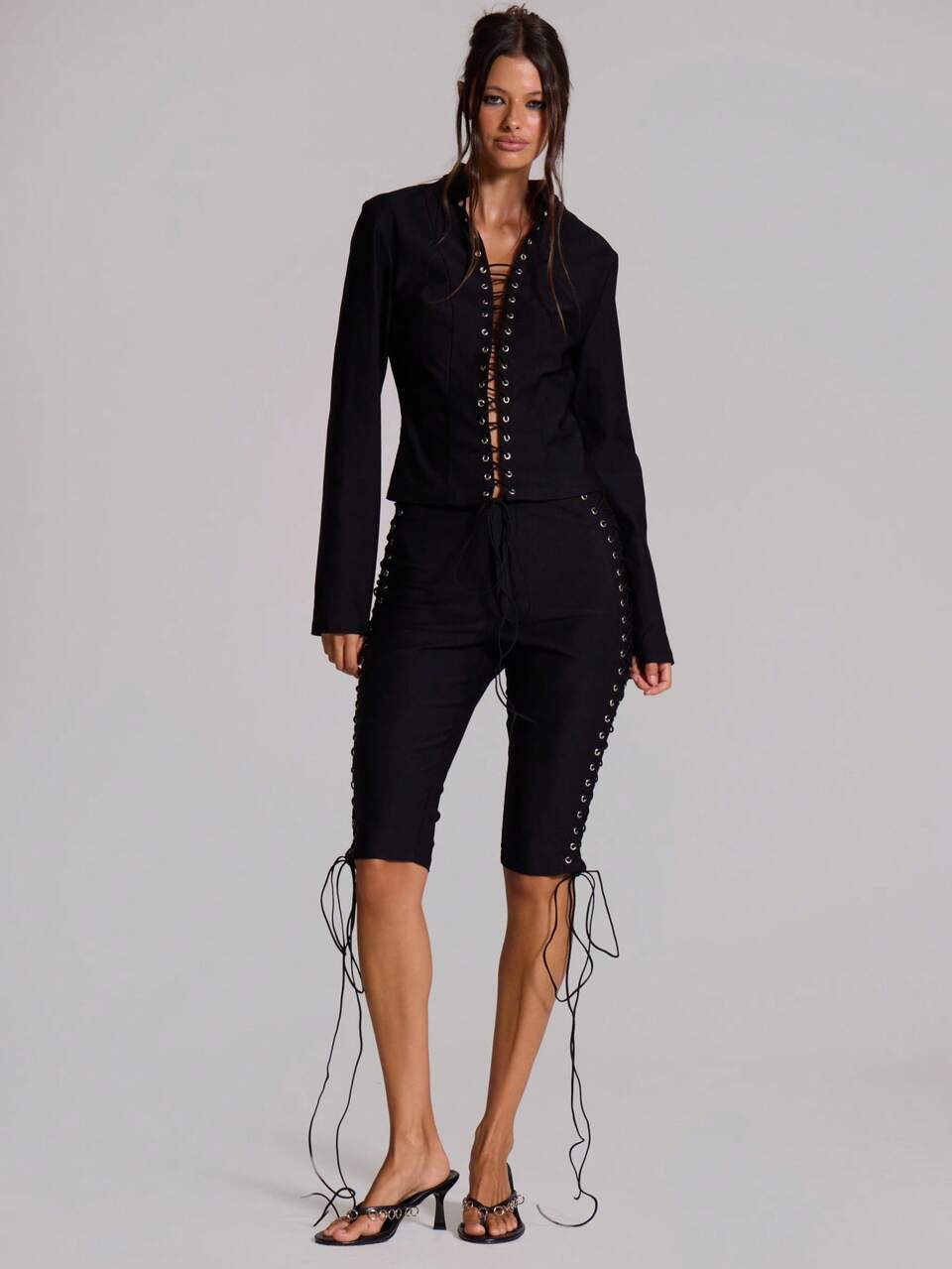 Black Bengaline Lace Up Eyelet Top