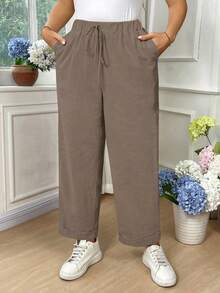 SHEIN EMERY ROSE CURVE Plus Size Women Cotton Fold Over Hem Solid Color Pockets Casual Pants Fall - Brown - View 7