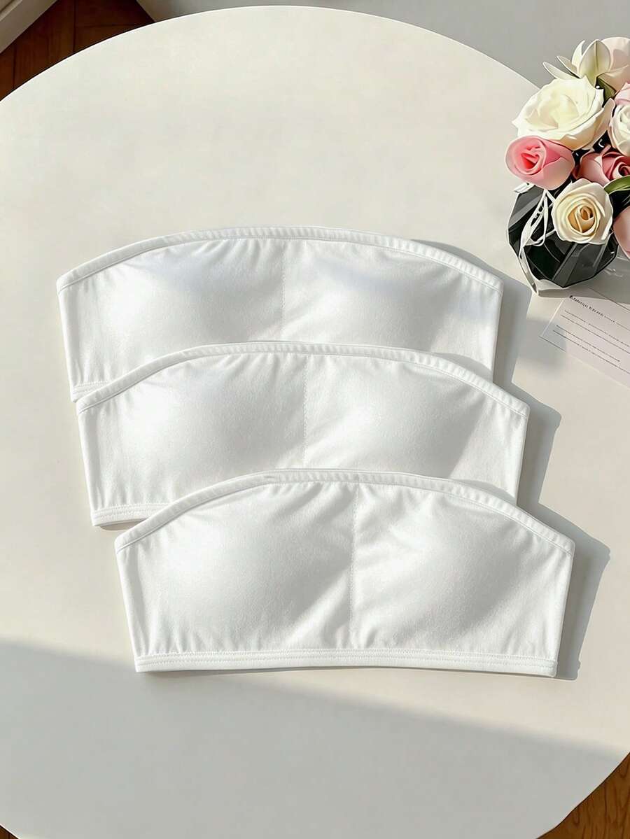 SHEIN Tween Girl Simple Comfortable Soft Skin-Friendly Bandeau Bra With Padding 3pcs Pieces Set White All Season - White - View 1
