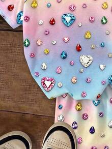 Conjunto de dos piezas para niña joven, estilo casual minimalista, lindo y dulce, con lunares, textura brillante y estampado de corazón, azul cobalto pop, manga corta y shorts, adecuado para verano, cómodo, estilo primavera y verano, gráfico, kawaii - Multicolor - Ver 7