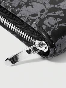 ROMWE Grunge Punk محفظة قصيرة بسحاب بتصميم جمجمة داكن، حقيبة بطاقات محمولة متعددة البطاقات، محفظة PU بأسلوب شارع شخصي - الأسود - مشاهدة 3