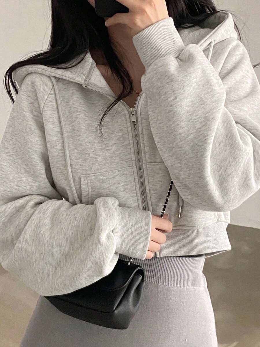 DAZY 女款休閒拉鍊連帽短版刷毛運動衫 - 灰色 - 查看 1