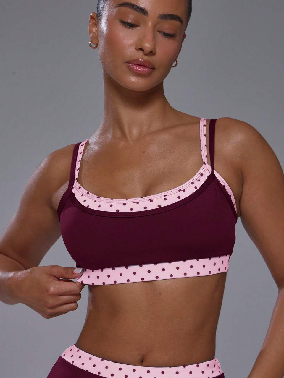 Double Layered Contrast Colour Blue Polka Dot Scoop Neck Strappy Adjustable Sports Bra Coord Top Only Sport Workout Gym Cute Pilates Fitness Daily