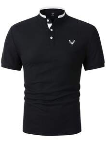 Calvornis 男士拼色休閒百搭日常穿著短袖 Polo 衫 - 黑色 - 查看 6
