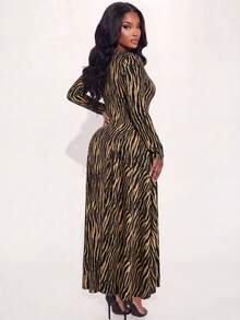 Poshavie Poshavie Plus Size Women's Classic Leopard Print Dress, Fashionable Ruched Patchwork Design, Elastic Fabric With Inclusive Fit, Waist-Flattering, Black Autumn - Multicolor - View 4