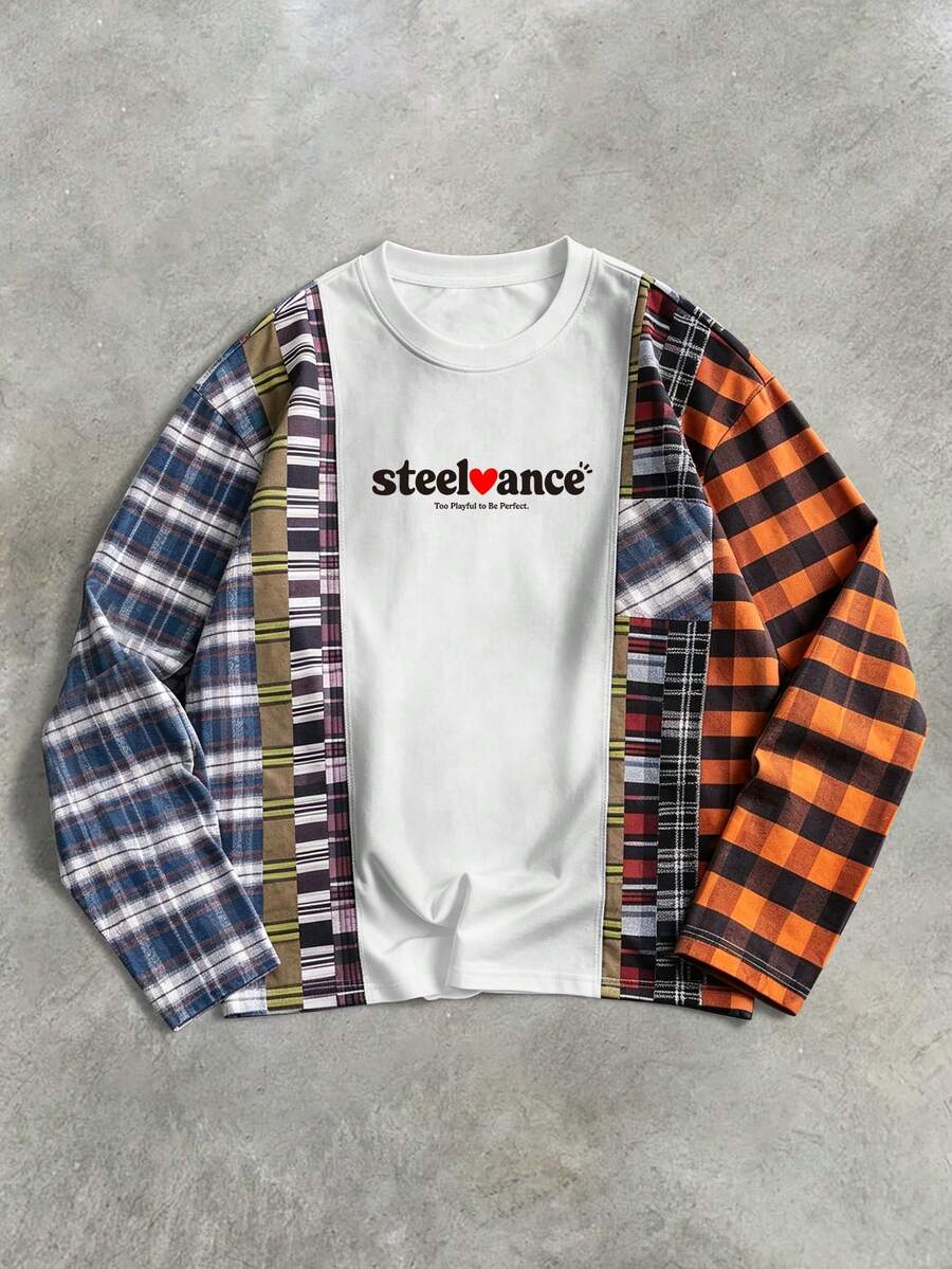 STEELVANCE 男士格紋字母印花休閒日常穿搭T恤 - 彩色 - 查看 1