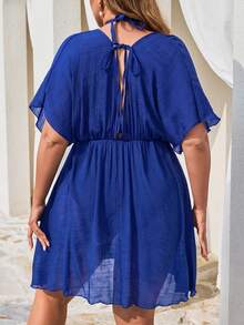 Swim Lushoire Summer Beach Daily Basic Solid Color Plus Size Cover-Up - Royal Blue - View 2