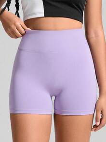 Teen Girls' Purple High-Waist Athletic Shorts, Made From High-Stretch Form-Fitting Fabric With A Sleek And Supportive Design, Perfect For Spring And Summer Activities Including Running, Gym Workouts, And Casual Sporty Wear - Purple - View 4
