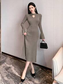 DAZY 纯色修身马蹄袖镂空女式毛衣裙，秋装 - 咖啡棕 - 查看 6