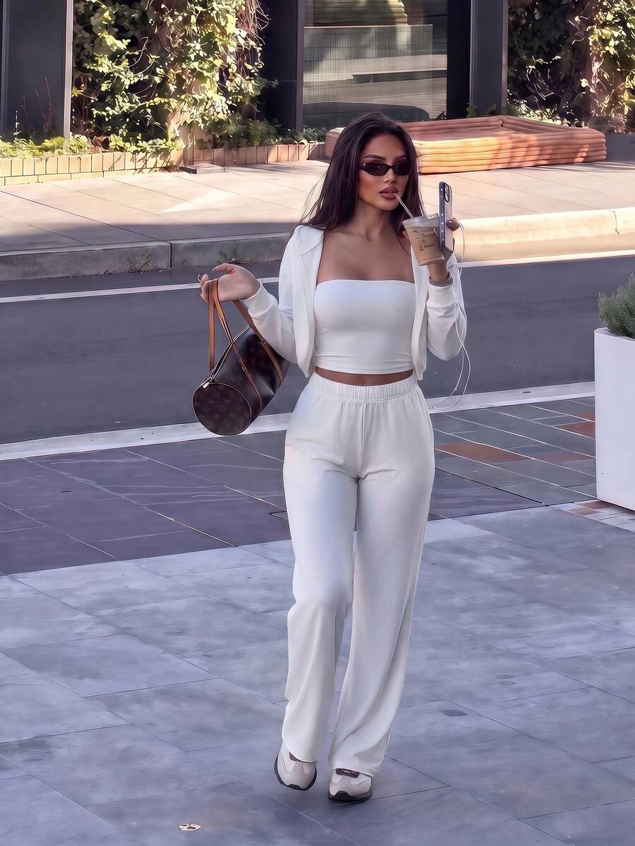 Pariaura Women's 3 PiecesSports Set Long Sleeve Wide Leg Pants Bandeau Top Workout Outfit - Beige - View 1