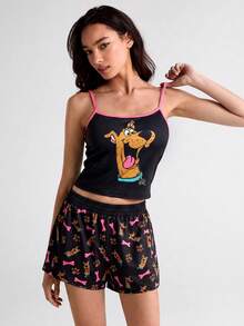 SCOOBY-DOO X SHEIN 女款卡通印花細肩帶上衣與短褲休閒居家睡衣套裝 - 黑色 - 查看 7
