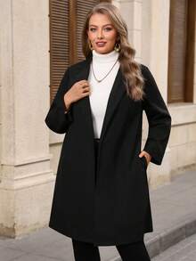 EMERY ROSE Plus Size Women's Casual Solid Color Lapel NeckLoose Fit Jacket, Autumn/Winter - Black - View 6