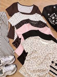 Tween Girls Simple Casual Waist Ruched 3 PiecesSet T-Shirt With Cartoon Pattern, Suitable For Summer - Multicolor - View 4