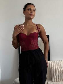 leahseptember Women's Lace & Mesh Patchwork Sexy Bodysuit Summer - Burgundy - View 5