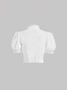 SHEIN MOD Classic White Victorian-Style Blouse,Lace Yoke Ruffled Collar Puff Sleeves Button-Up,Elegant Summer Tea Party,Vintage-Inspired Office Wear - White - View 3