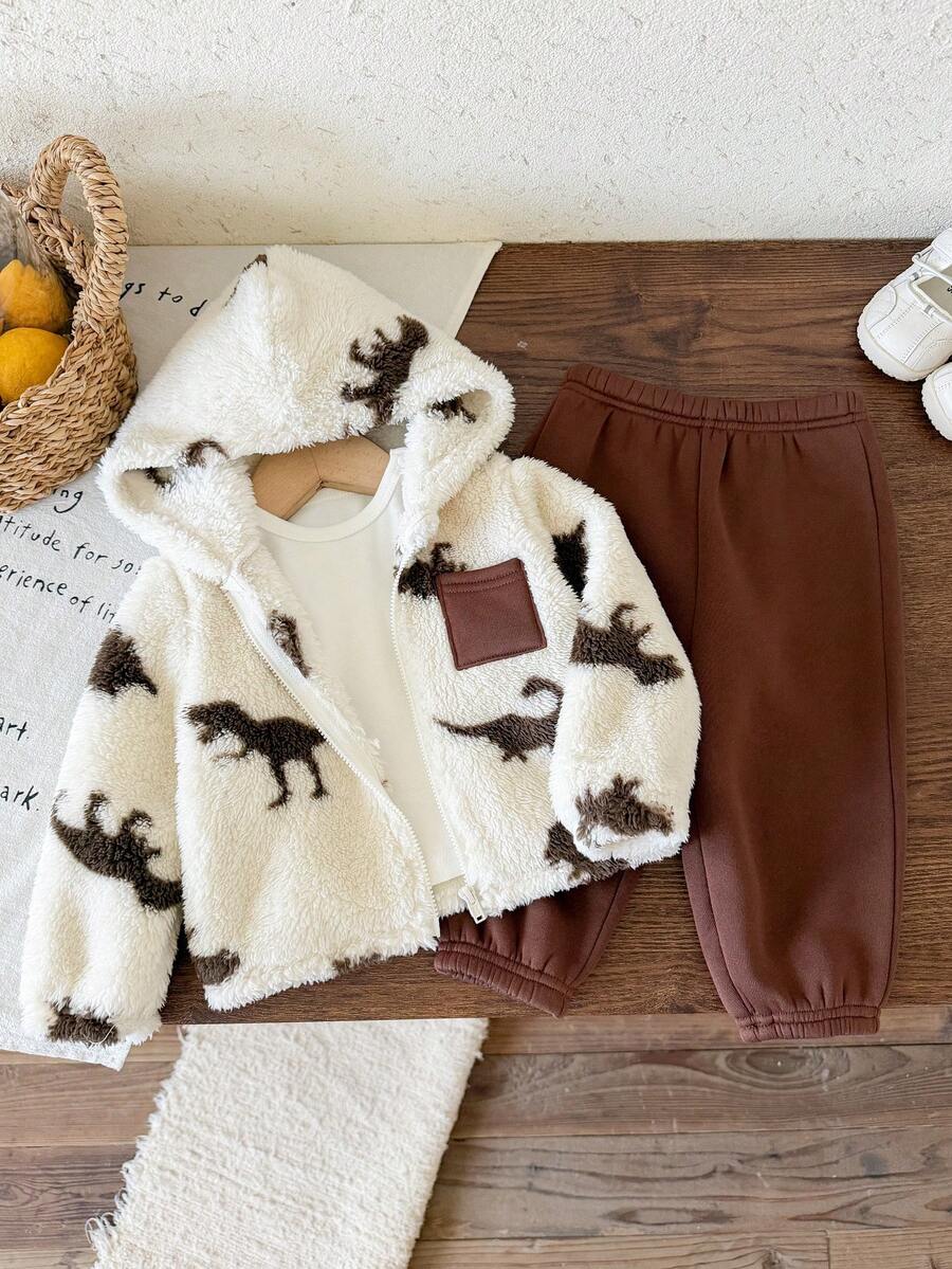 2pcs/Set Baby Boy Autumn/Winter Cartoon Dinosaur Pattern Colorblock Hooded Jacket & Pants Set, Dinosaur Outfit Set, Infant Toddler Set - Multicolor - View 1