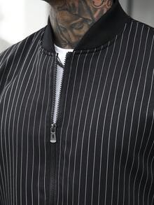 Manfinity CasualCool 男士條紋棒球領拉鍊休閒日常長袖夾克 - 黑色 - 查看 6