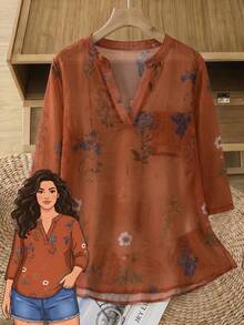 Rusticease 大尺碼女款缺口V領花卉印花休閒日常短袖上衣 - 橘色 - 查看 1