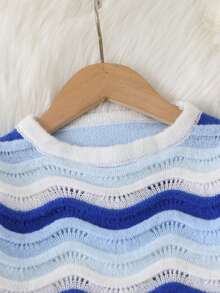 SHEIN Genkimix Kids Girls' Gradient Wave Pattern Cute Thin Knit Sweater - Blue - View 3