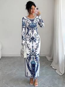 SHEIN Elenzya Women's Blue And White Porcelain Print Fitted Long Sleeve Bodycon Slit Robe, Textured Vintage Style Middle Eastern UAE Abaya - Multicolor - View 7