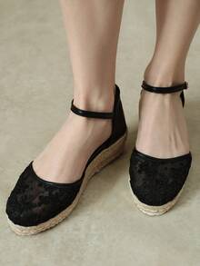 Styleloop Women's Hemp Rope Straw Weave Wedge Heel Black Lace Mesh Women's Wedge Heel Shoes Sandals Hemp Rope Shoes Bohemian Style Vacation Beach Seaside - Black 6 - View 11