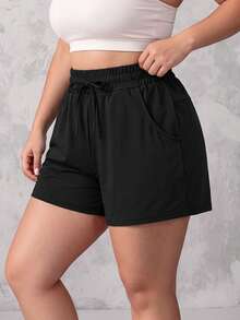 SHEIN Unity Plus Size Women Solid Color Drawstring Waist Casual Versatile Daily Shorts - Black - View 5