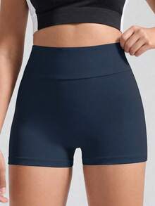 Teen Girls' Dark Blue. High-Waist Athletic Shorts, Made From High-Stretch Form-Fitting Fabric With A Sleek And Supportive Design, Perfect For Spring And Summer Activities Including Running, Gym Workouts, And Casual Sporty Wear - Navy Blue - View 3