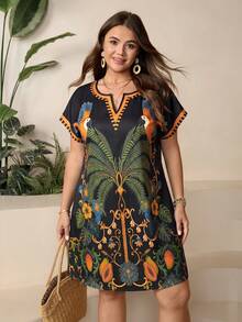 SHEIN LUNE 大尺碼女款復古花卉印花V領蝙蝠袖休閒上衣，適合辦公室、海灘度假穿著，黑色夏季款 - 彩色 - 查看 3