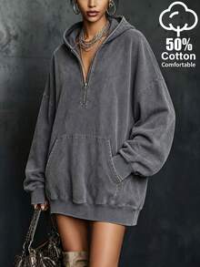 LUMIGAL Sweatshirt Hoodie Setengah Resleting Wanita dengan Kantong, Modis - Grey - View 3