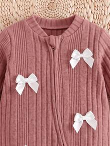 SHEIN 女嬰針織可愛休閒粉色蝴蝶結長袖連身衣居家服 - 粉色 - 查看 5