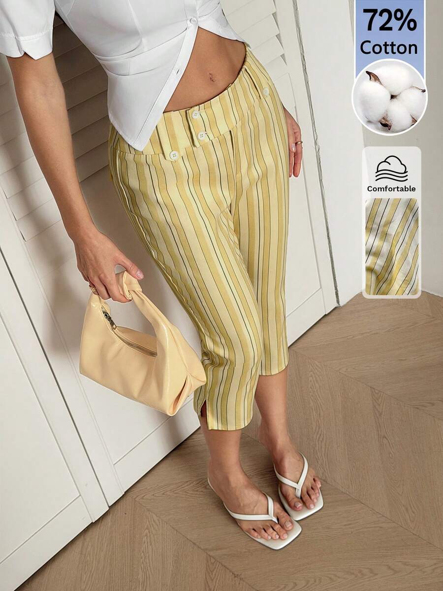 SHEIN Tall 女款條紋腰部鈕扣設計休閒七分褲 - 黃色 - 查看 1