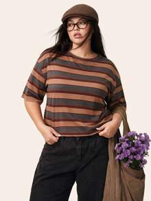 Comfortcana Yellow Solid Color Drop Shoulder Short Casual Plus Size T-Shirt - Brown - View 10