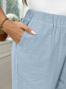 EMERY ROSE Plus Size Women's Cotton Solid Color Waist Tie Pocket Casual Tapered Pants Fall - Baby Blue - View 5