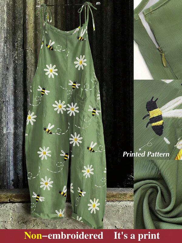 EMERY ROSE Jumpsuit Wanita Ukuran Besar Motif Bunga Daisy & Lebah, Rompi Tanpa Lengan Kaki Lebar Motif Bunga Hijau Sage, Overall Boho Musim Panas untuk Piknik, Kasual Hijau Zaitun untuk Liburan