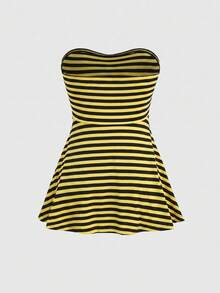 ROMWE Goth Top tubo ajustado a rayas retro estilo Y2K Hot Girl - Amarillo - Ver 2