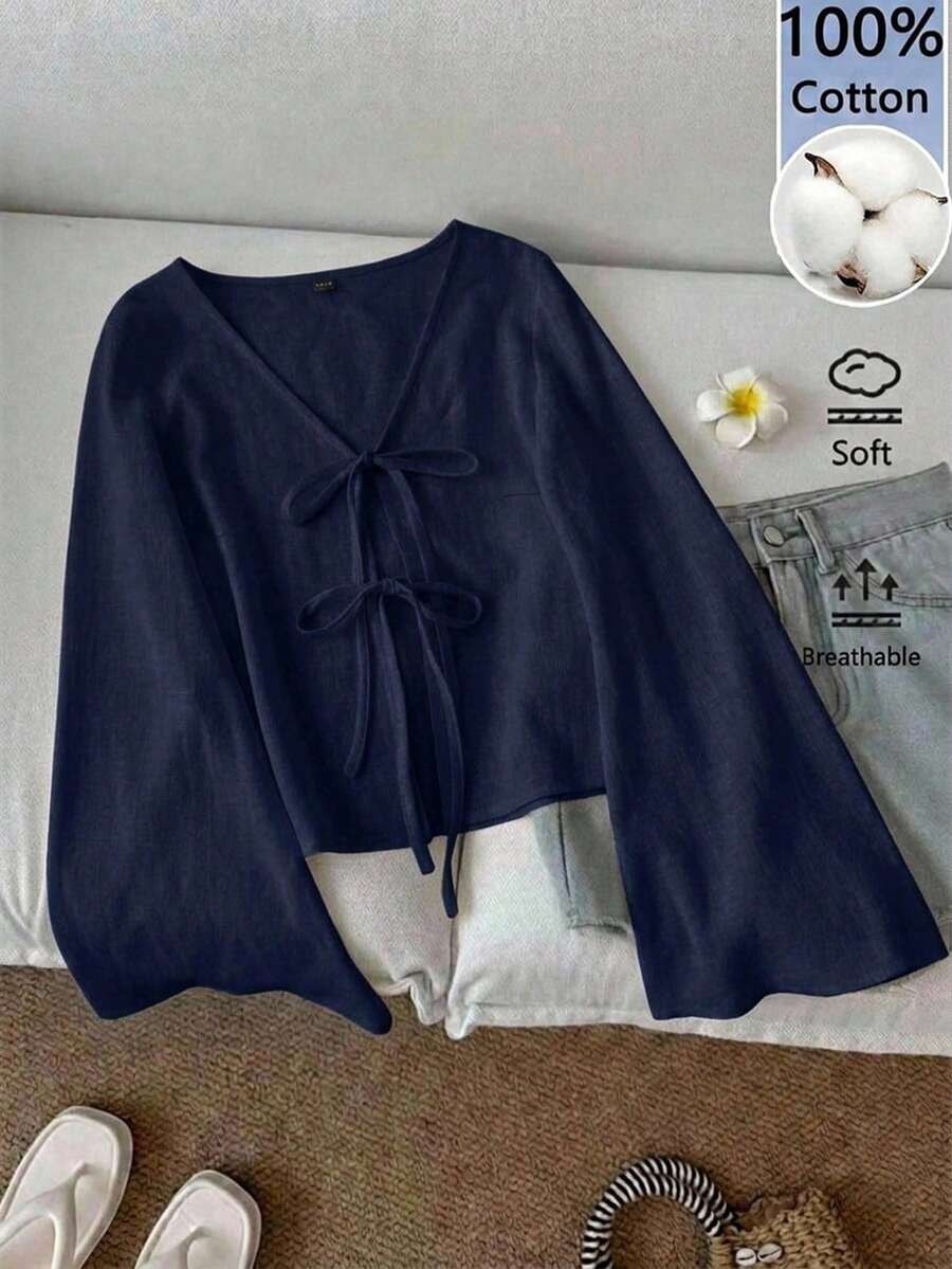 SHEIN LUNE 女款 100% 純棉休閒純色 V 領喇叭袖前打結上衣,春秋款棕色 V 領上衣、海軍藍上衣、海軍藍前綁帶上衣,休閒風格 - 藏蓝色 - 查看 1