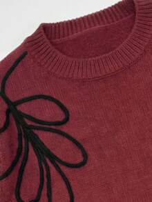 Linhara CURVE Plus Size Pullover Sweater, Solid Color Knit With Embroidery, Casual Elegant Autumn/Winter Sweater, Suitable For Back To School, Romantic Vacation, Office, Daily Commute - Burgundy - View 4
