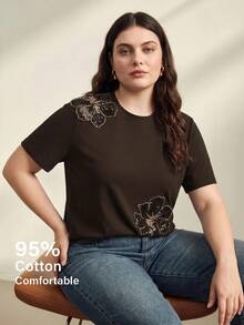 Anewsta Kaos Lengan Pendek Kasual Serbaguna untuk Wanita Ukuran Besar dengan Motif Bunga, Cocok untuk Sehari-hari - Coffee Brown - View 1