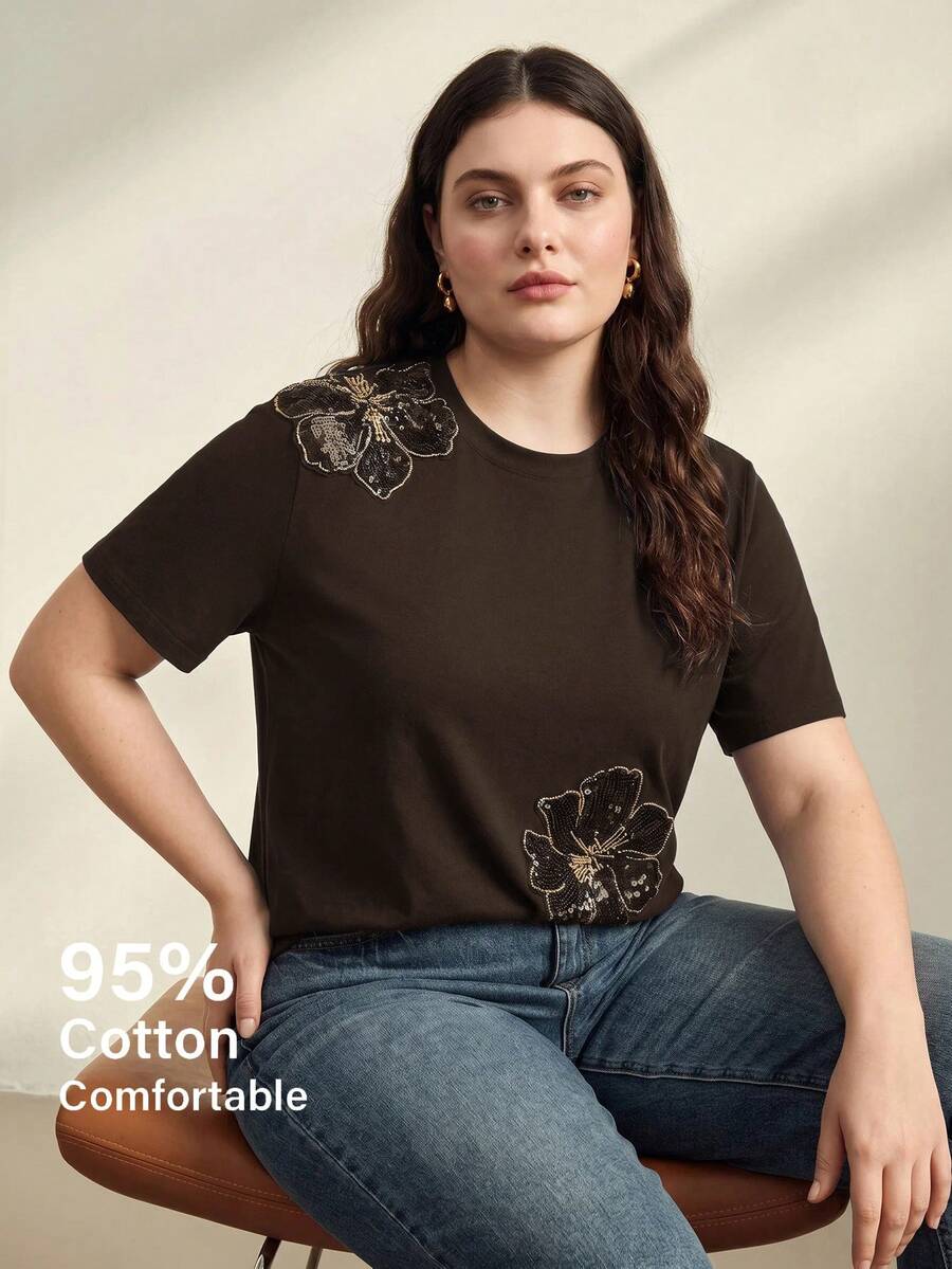 Anewsta Kaos Lengan Pendek Kasual Serbaguna untuk Wanita Ukuran Besar dengan Motif Bunga, Cocok untuk Sehari-hari - Coffee Brown - View 1