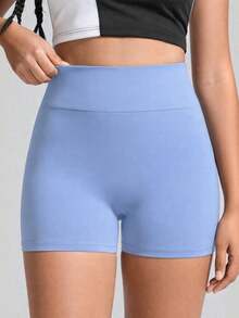 Teen Girls' Foggy Blue High-Waist Athletic Shorts, Made From High-Stretch Form-Fitting Fabric With A Sleek And Supportive Design, Perfect For Spring And Summer Activities Including Running, Gym Workouts, And Casual Sporty Wear - Dusty Blue - View 4