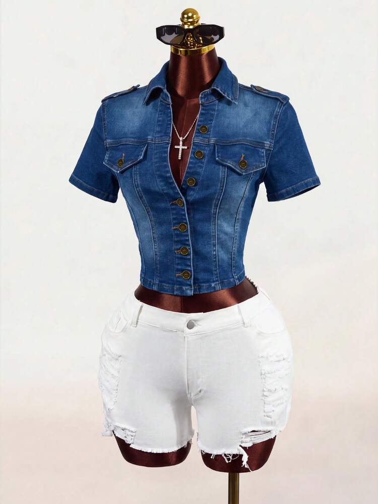 SHEIN Jaket Denim Lengan Pendek Kancing Tunggal dengan Pinggang Ramping untuk Wanita, Gaya Street Fashion - Biru - View 7
