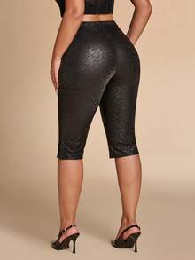 SHEIN BAE CURVE 大尺碼女款黑色緊身 PU 緊身褲，優雅緊身褲 - 黑色 - 查看 5